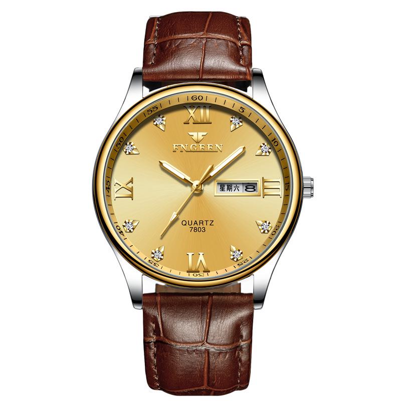 FNGEEN Watch Room Gold Steel Belt Fashion Men s Watch Double Calendar Quartz Watch Casual Watch Non-Mechanical Watch