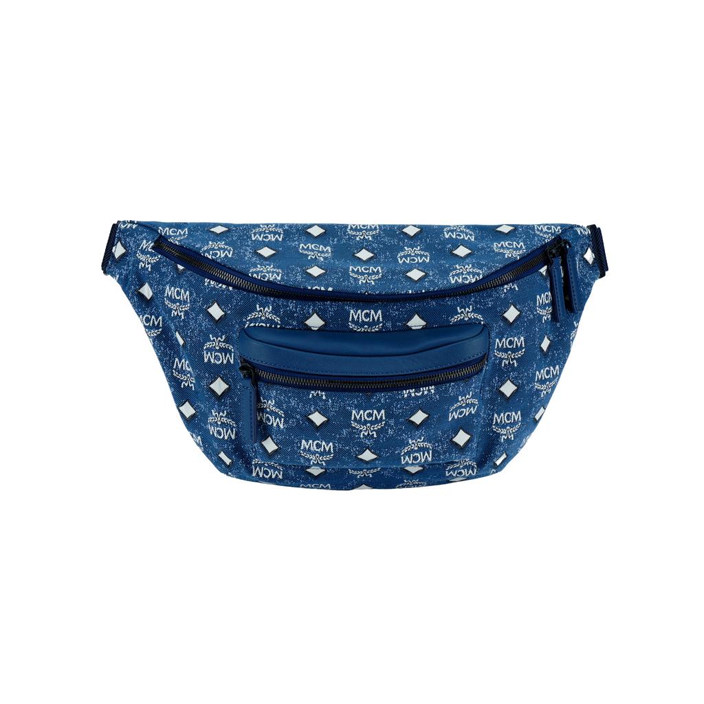 New MCM Fursten Visetos Denim Jacquard Nappa Leather Trim Shoulder Bag, Crossbody Bag, Fanny Pack Regular Women's Blue MMZDSFI01LE001