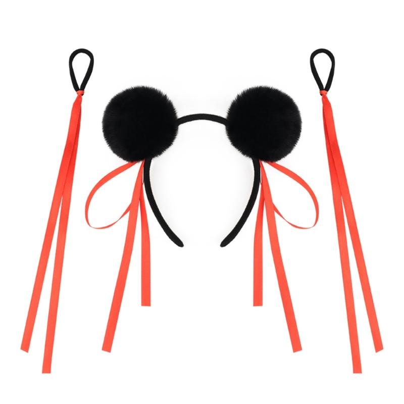 

Necha Buns Headband Hair Tie Set Fun Furry Pompoms Hairhoop with Bowknot Hair Buns For Adult Kids All Age Cosplay Props чёрный