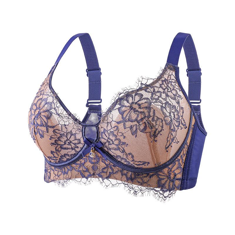 

Французский бюстгальтер Женское сексуальное кружевное нижнее белье Тонкий бюстгальтер на косточках с боковой поддержкой груди Пуш-ап бюстгальтер 42/95C синий