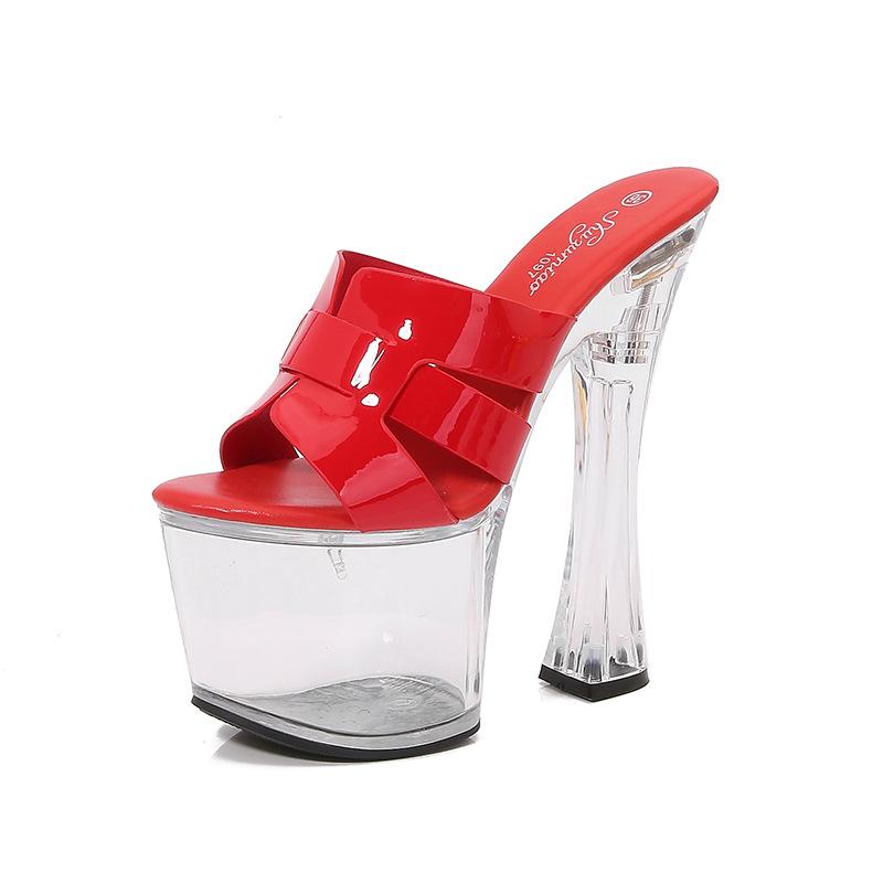 Fashion 18cm Crystal Mule High Heels Waterproof Platform Thick Sole Slip-Resistant Nightclub Pole Dance Catwalk Model Women's Shoes