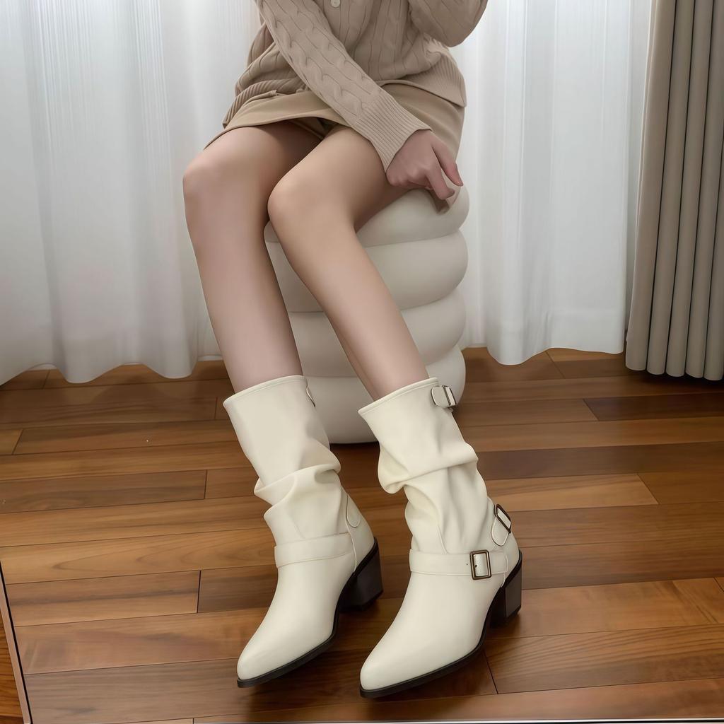 Pointed Thick Heel Martin Boots Women's 2025 Autumn and Winter New Fashion Versatile Comfortable Casual Women's Mid Tube Pile Boots