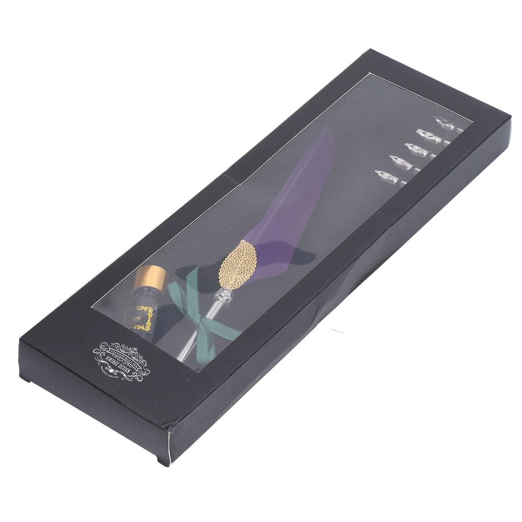 Quill Pen Set Exquisite Feather Design Retro Hollow Style Calligraphy Pen with Empty Ink Bottle Metal Nib SP101014