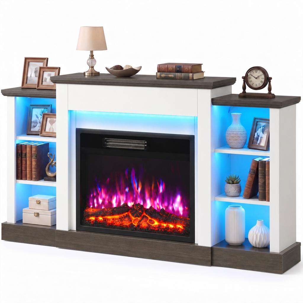 Electric Fireplace TV Stand 138cm, LED Strips, Adjustable Flame Effect, 6 Shelves, Entertainment Center Console Table