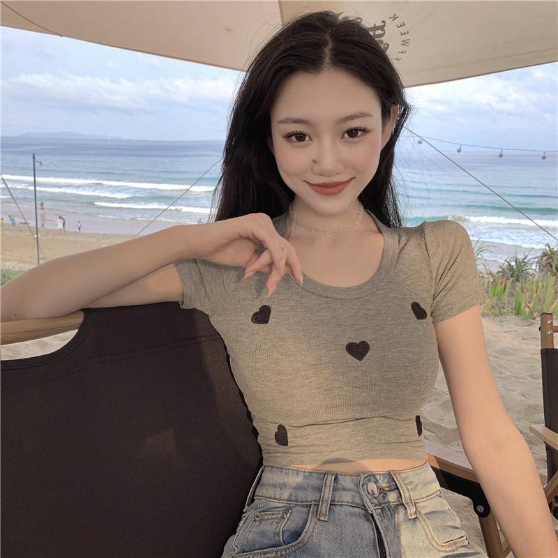 Knitted Threaded Love Embroidered Short-sleeved T-shirt for Women with Hot Girls High Waist Slim Summer New Style Short Top