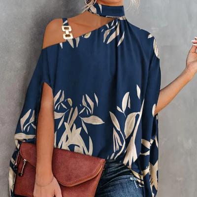 Women's Summer Hanging Neck Bat Sleeve Printed Blouse Shirt Blouse