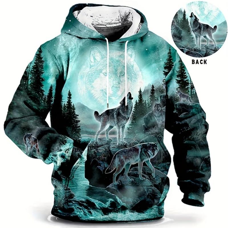 Felpa con cappuccio vintage da uomo stampa 3d lupo top moda animale grafica lupo maniche lunghe felpa con cappuccio top da uomo oversize streetwear magliette