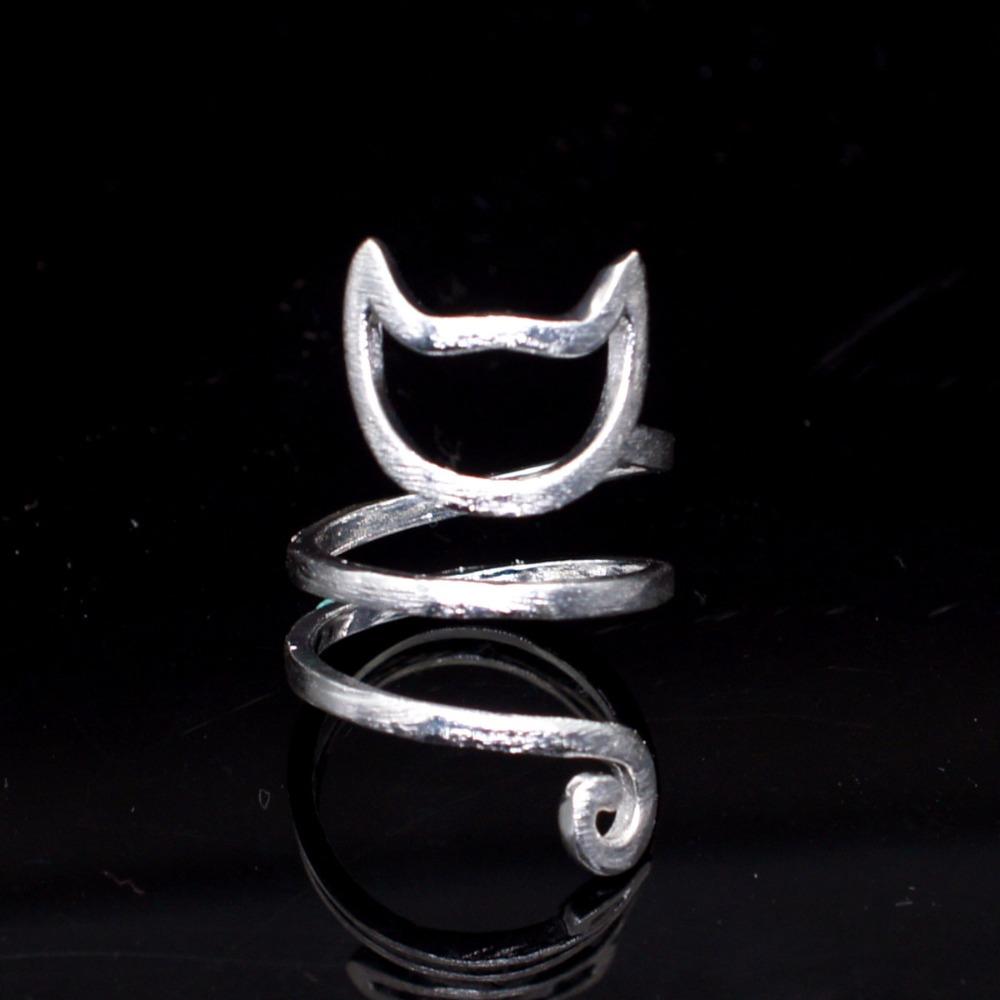925 Silver Plated Adjustable Open Ring Cute Cat Design Wrapped Brushed Jewelry for Women Adjustable серебряный
