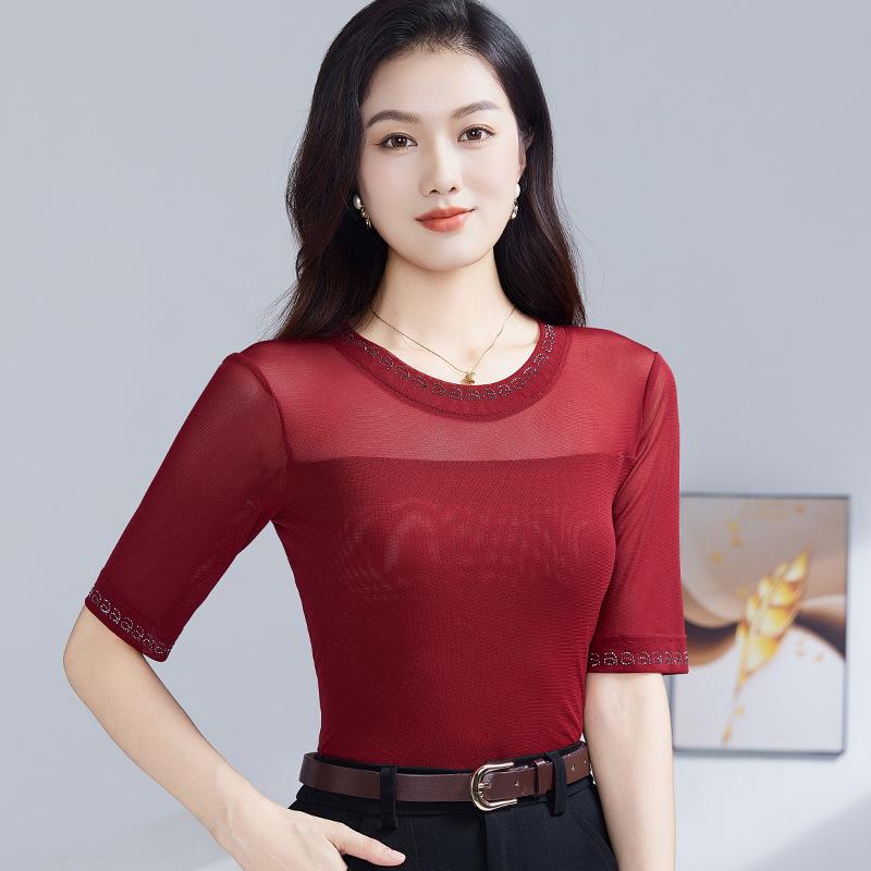 

2025 Весна/Осень Женская Эластичная Сетка Рукав Три Четверти Тонкая Пряжа Футболка M красный