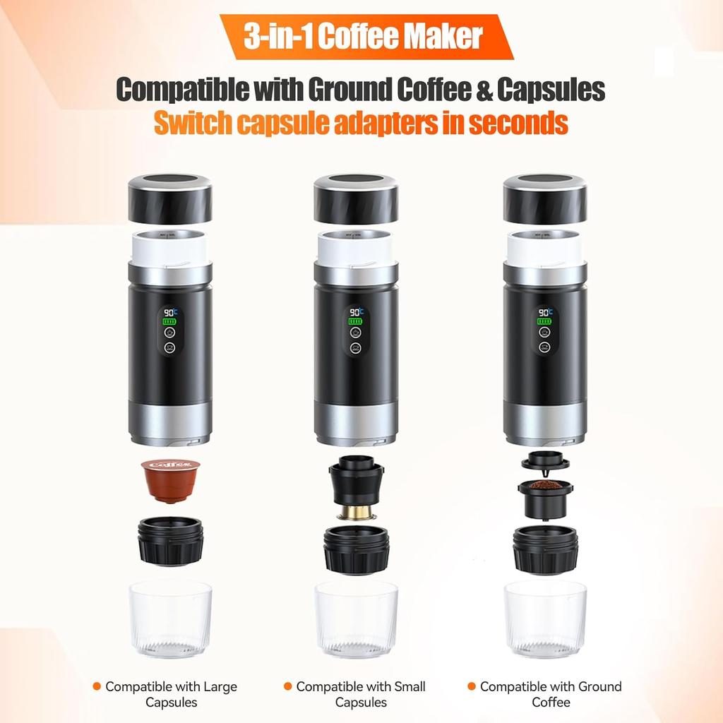 Portable Outin espresso machine coffee machine, 3-in-1 travel coffee maker, electric heater, rechargeable 12V coffee maker