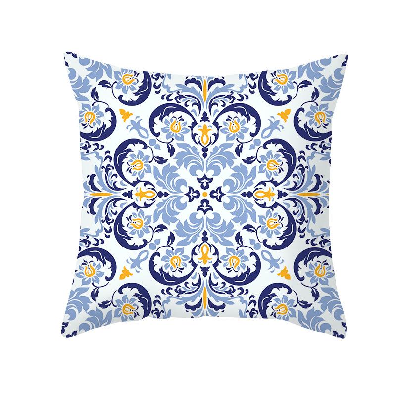 Ethnic Style Sofa Pillow Cover Blue Printed Peach Skin Pillow Cover Office Cushion
