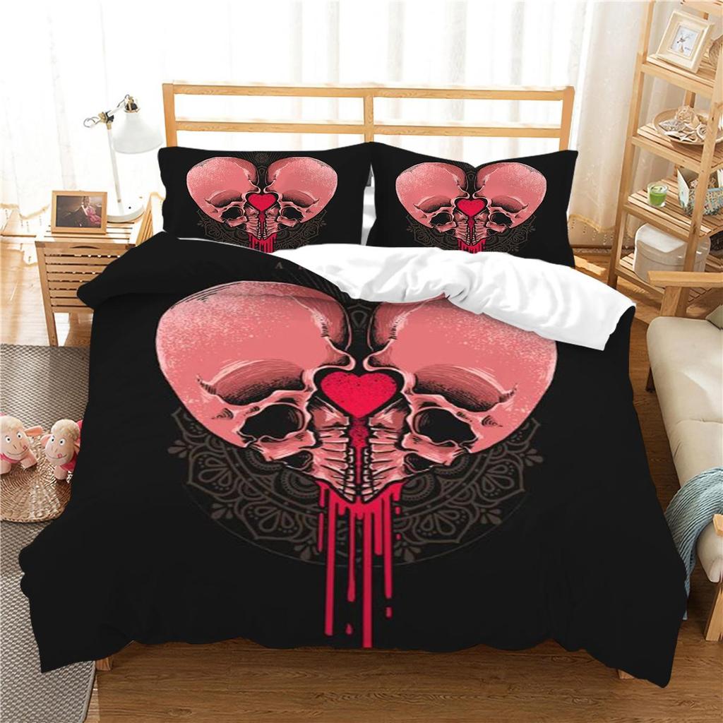 Design-Bettbezug-Set, 3D-Schädel-Druck, Bettwäsche-Set, cooler Bettbezug, Polyester-Bettbezug, King-Size-Queen-Size-Bettwäsche