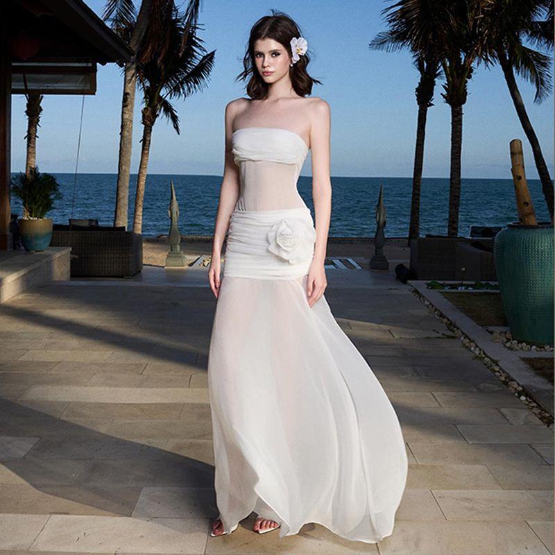

French Style Vacation Style Sexy See-through Chic Flowers Tube Top Dress Female Autumn Silm Slim Looking Ruched Fairy Dress White S