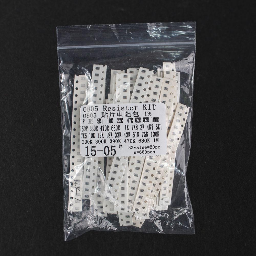 660PCS SMD 0805 SMD Resistor Kit Assorted Pack 1% 0805 Resistance 1 ohm ~1M 33 values*20pcs kit resistores 1k 10k 100k 10 ohm