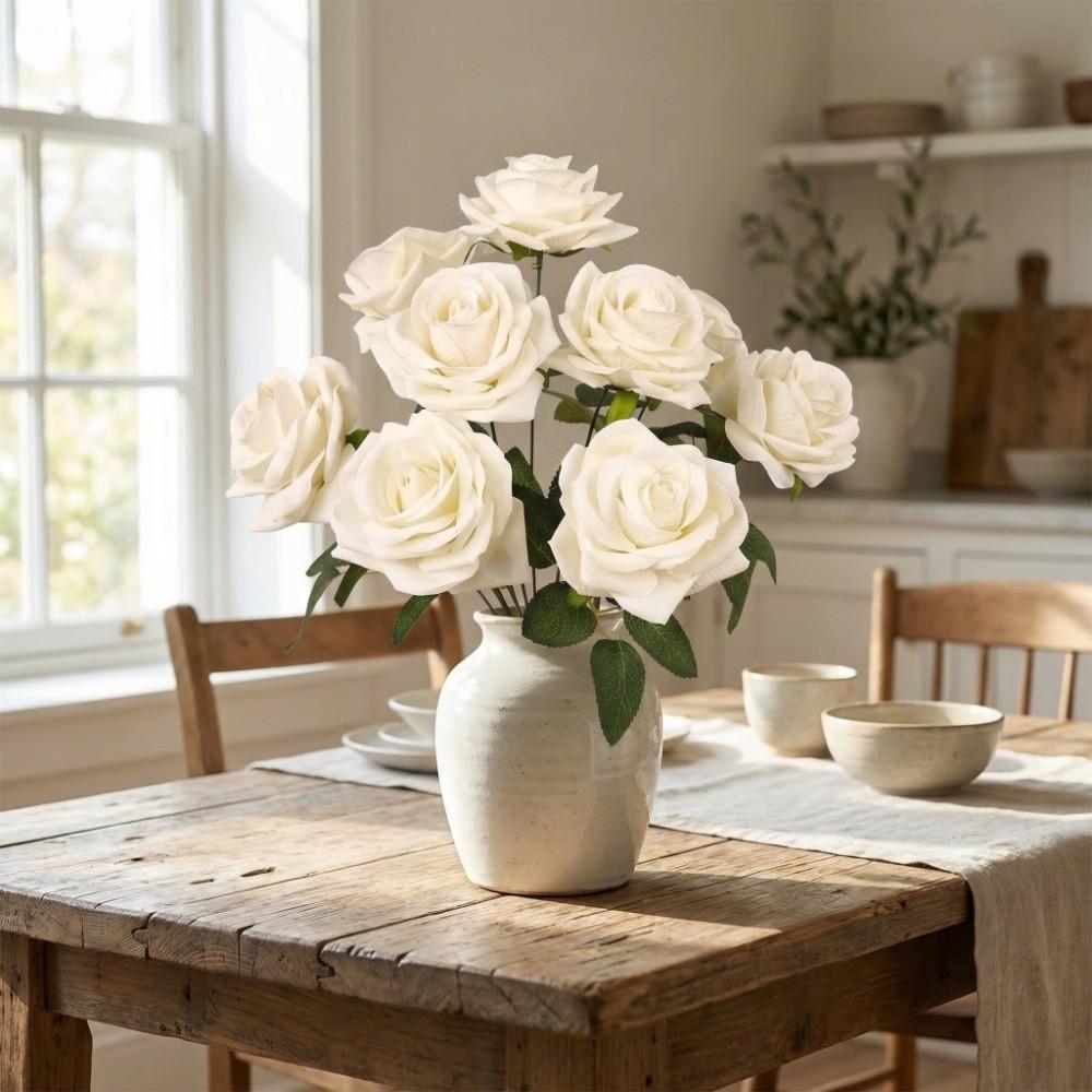 9 Head Artificial Rose Flower Green Leaves Faux Rose Flower Branch  Home Living Room Decor