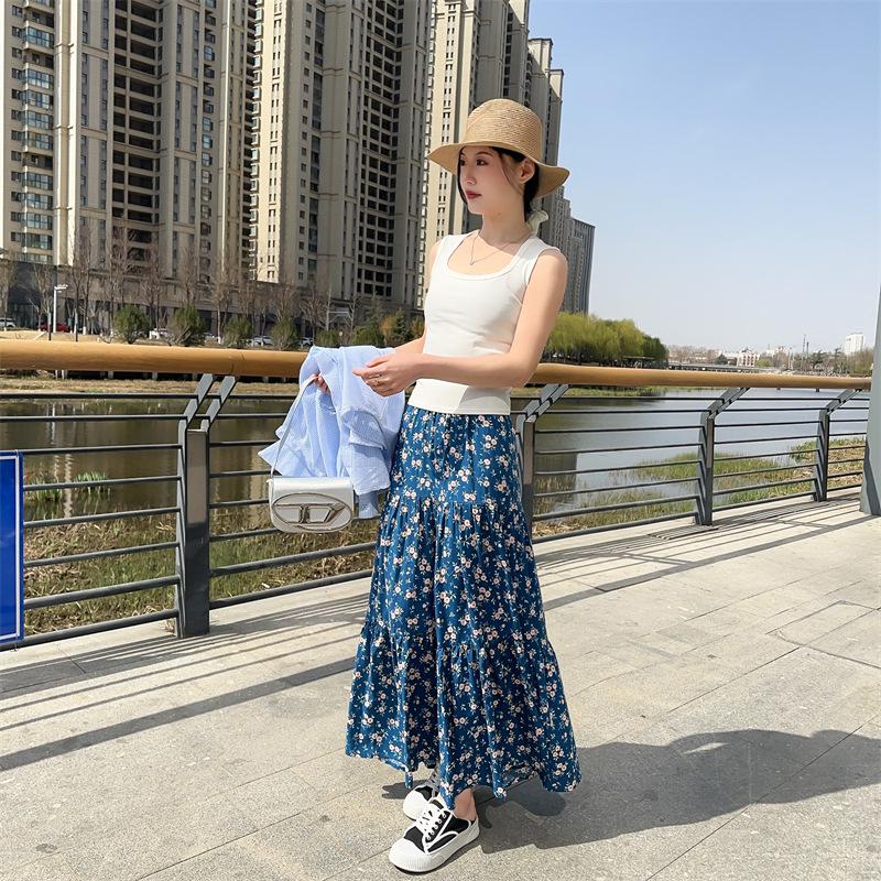 2025 Summer Floral Cotton-Silk Midi Skirt: Slimming, Thin Rayon Cardigan, Long Cake Skirt for Women.