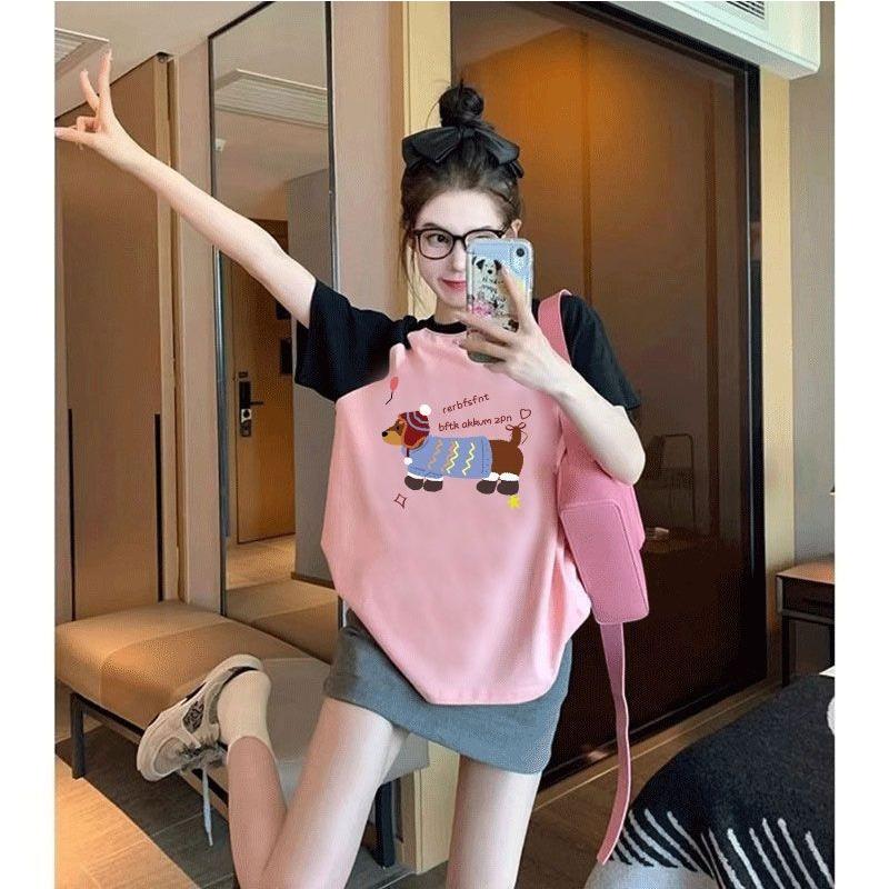 Loose Large Color-blocked Rotator Sleeve Rag-sleeved Short-sleeved T-shirt for Women In Spring and Summer Korean Style Design Top