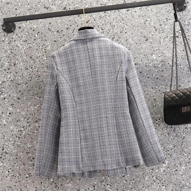Single Button Blazer Frauen Jacke Slim Fit Büro Dame Blazer Mantel Chic Plaid Oberbekleidung Weibliche Taschen Jacken Modische Tops
