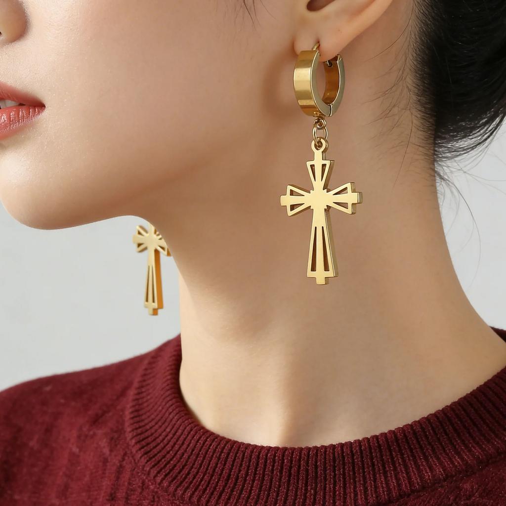 Gothic Cross Earrings for Women Men Stainless Steel Hoop Earrings Christian Religious Jewelry Amulet Gifts Daily Accessories