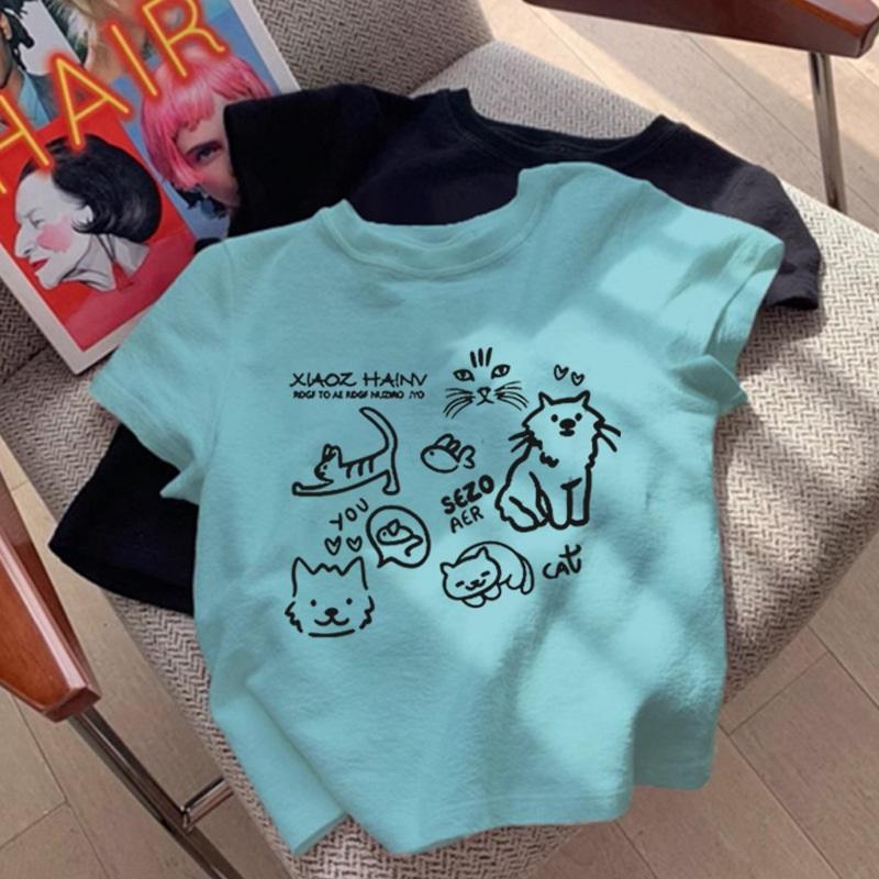 Women's Casual Cat Print T-Shirt Short Sleeve Crew Neck Loose Fit Tee Top