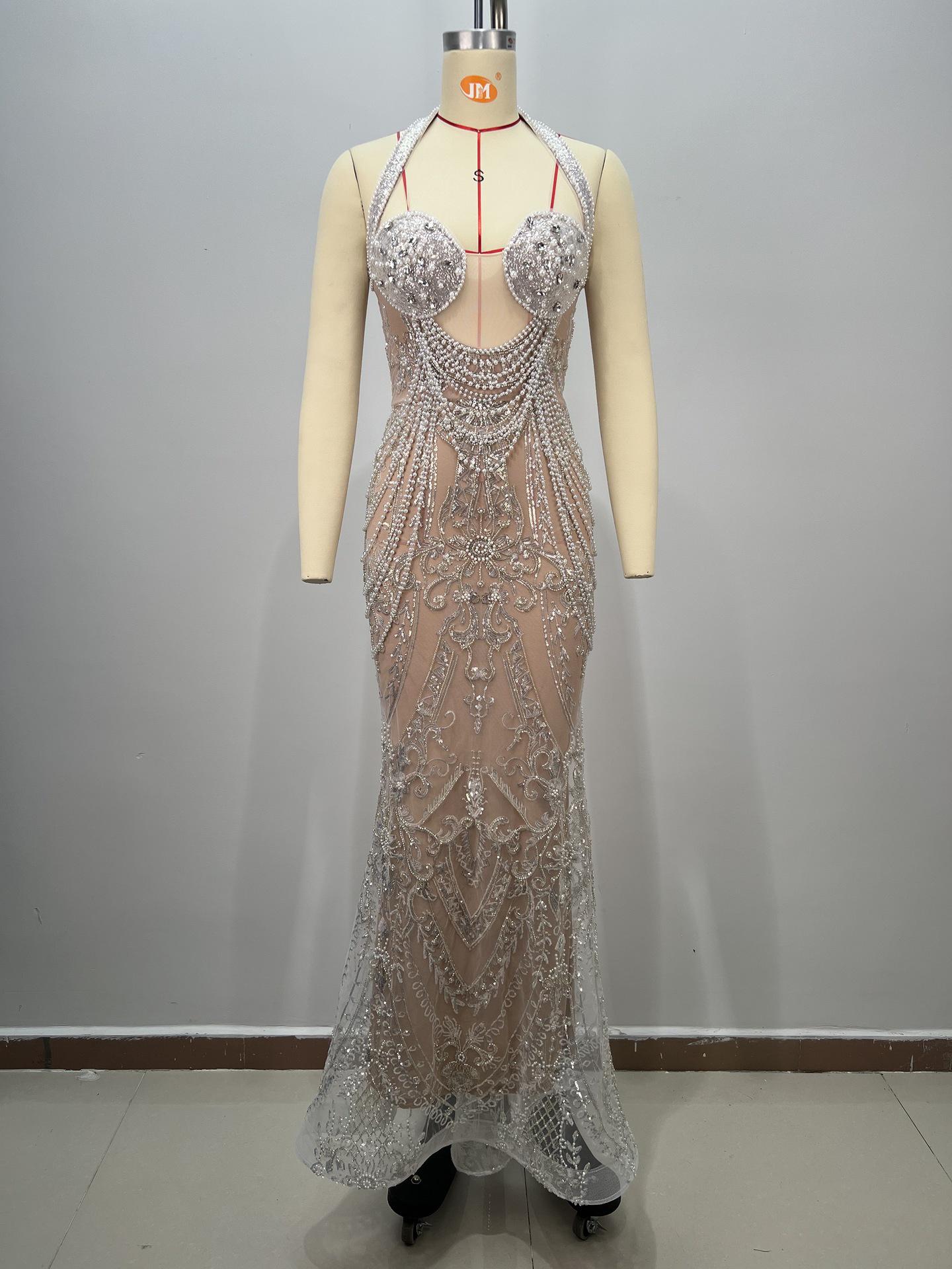 

Платье халтер с U-образным вырезом, облегающее фигуру, из сетки с пайетками, с юбкой годе для вечеринки, свадьбы Medium абрикосовый