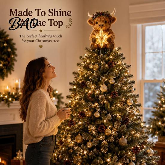Puntale Stella per Albero di Natale Mucca delle Highlands Puntale Luminoso, Decorazione Illuminata con Ornamenti per Casa Ufficio Festività LED Caldi, Ornamento a Batteria per