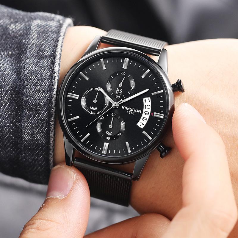 KIMSDUN Uhr Herren Top Marke Luxusuhr Herrenmode Netzarmband Sechs - Pixel Multifunktion Wasserdicht Kalender Quarz Tisch Studenten