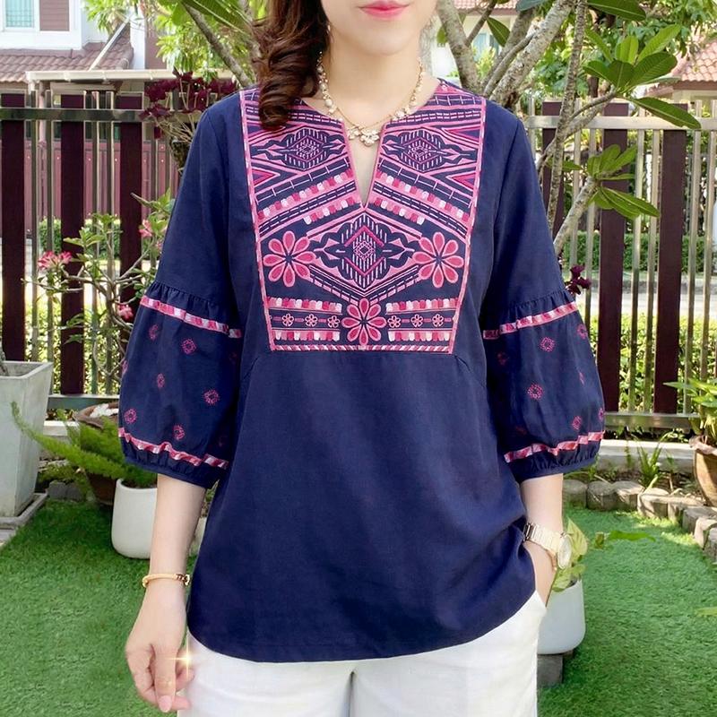 ZANZEA Womens Casual V-Neck 3/4 Sleeve Loose Print Blouse