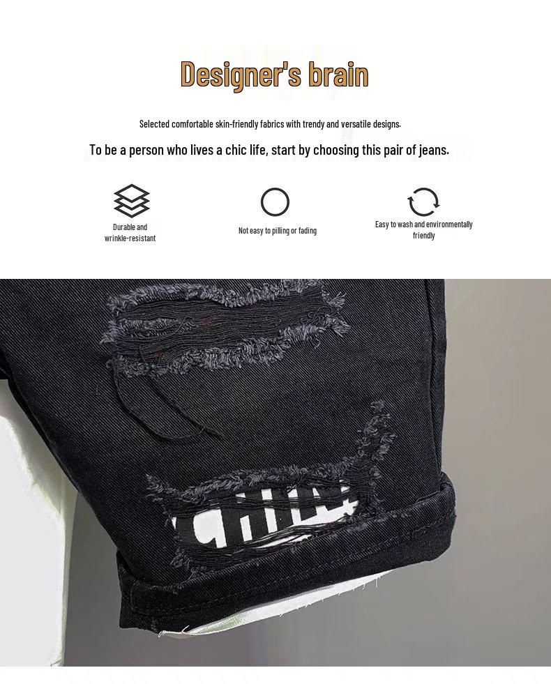 Summer Korean-Style Slim Fit Denim Shorts with Distressed Patches for Men