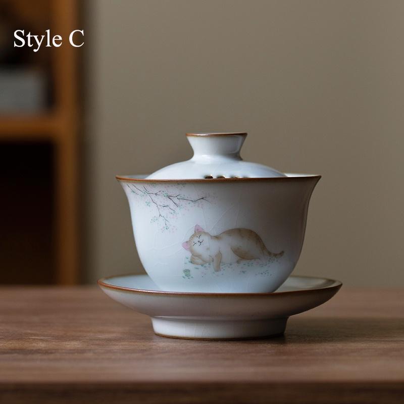 150ml Ceramic Gaiwan Ru Kiln Three Talents Gaiwan Cute Cat Tea Bowl