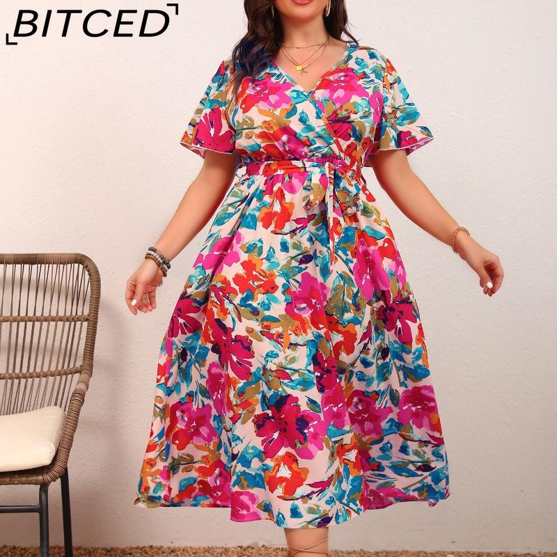 BITCED Plus Size Women's Elegant V-Neck Waist-Defining Slimming Tie-Waist A-Line Floral Print Dress