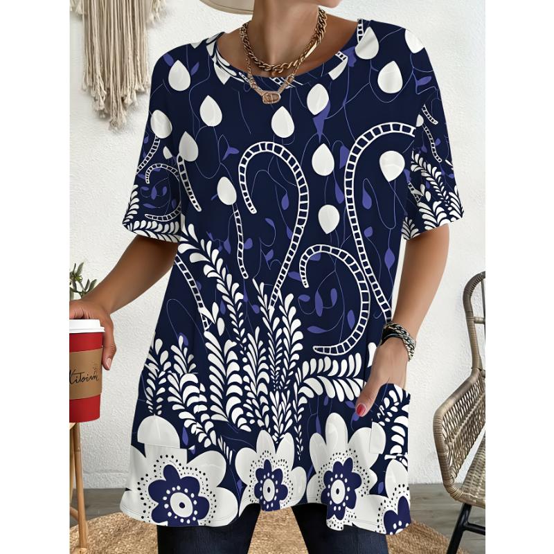 Ladies Large Abstract Flower Tear Drop Printed T-shirt with Pocket Design 1XL