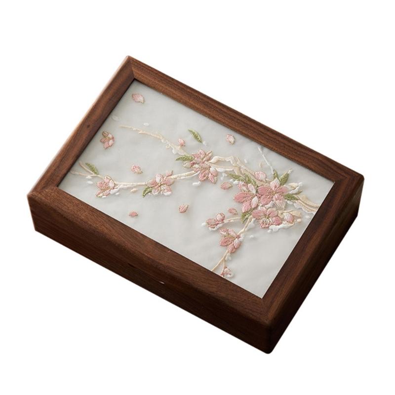 

Деревянная шкатулка из ореха с вышивкой для хранения украшений и часов Элегантный держатель для ожерелий и серег Шкатулка для хранения аксессуаров