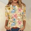 Women Casual Floral Print Three Quarter Sleeve Round Neck Blouse Lightweight Soft Fabric Comfortable Fit Top for Everyday Wear