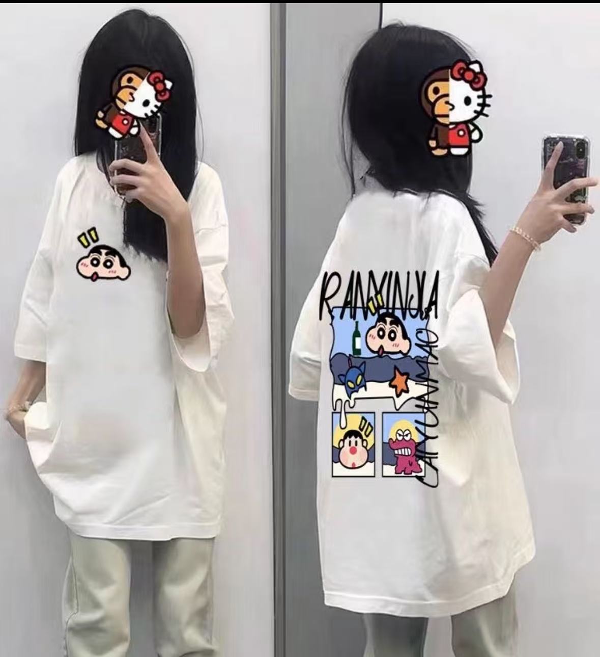 

2026 Summer Comic Form Crayon Shinchan Image 100 Cotton Printed Oversize Casual Tshirt Adult Children Parentchild Top y2k S