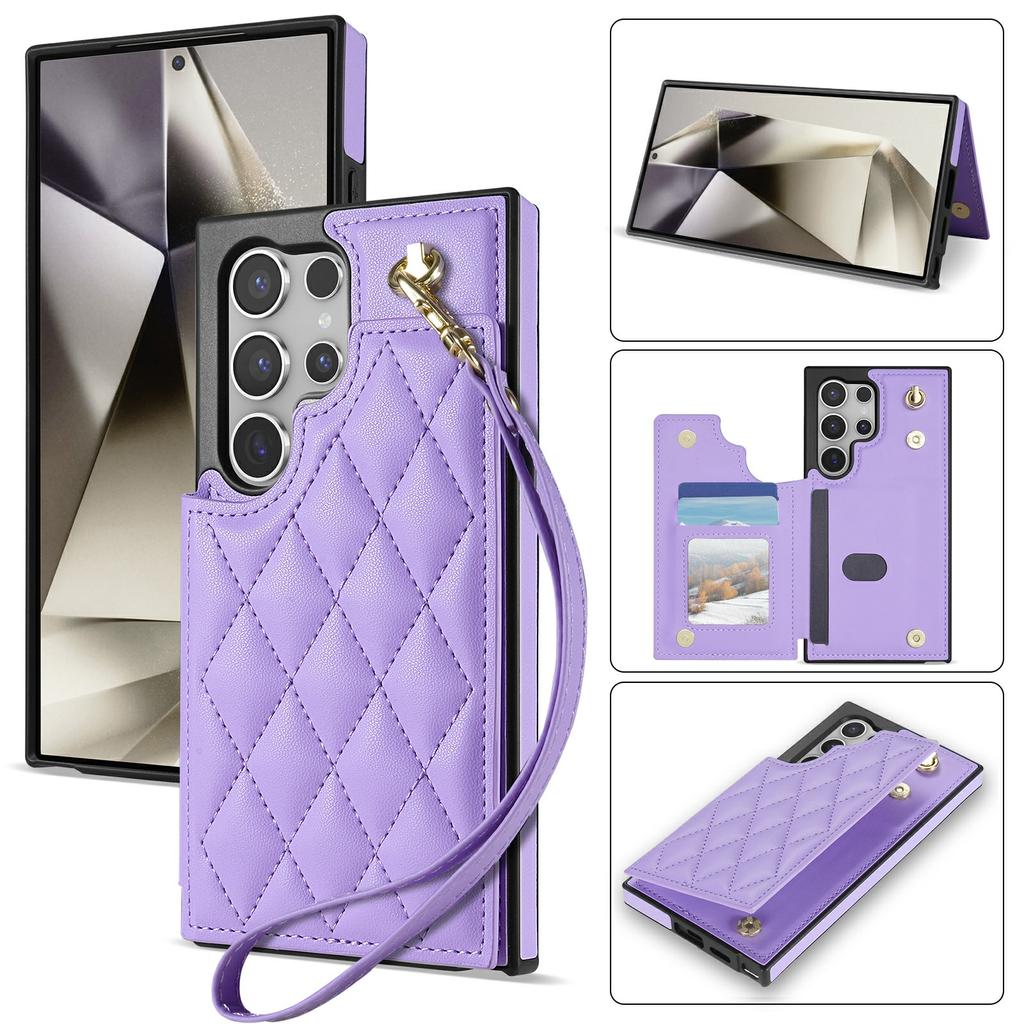 For Samsung Galaxy S24 Ultra Case with Wrist Strap Card Slots Rhombus Leather+TPU Phone Cover