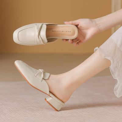 One-foot Round and Half-tugged Mules In Summer Wear Genuine Leather Single Shoes 3CM Casual Lady Flat Heel Sandals