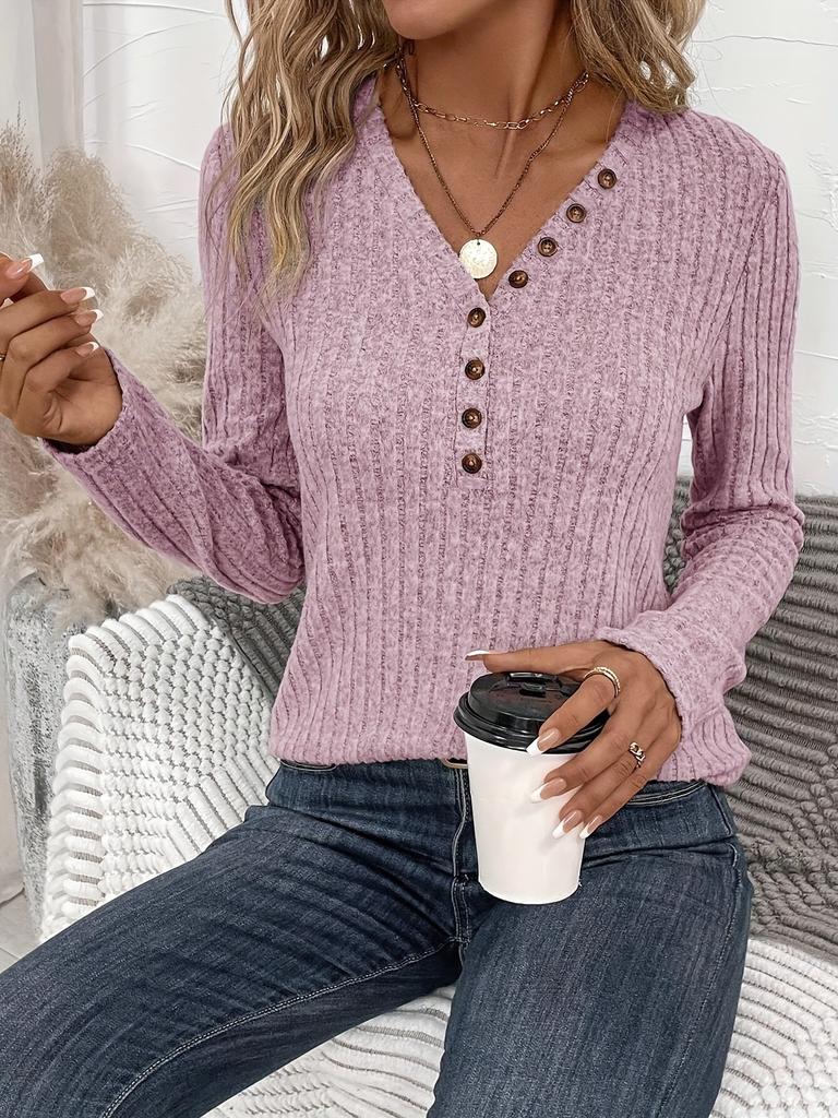 Women Long Sleeve Knit Top Casual Ribbed Button Detail Pullover Sweater Soft Stretchy Lightweight Jumper