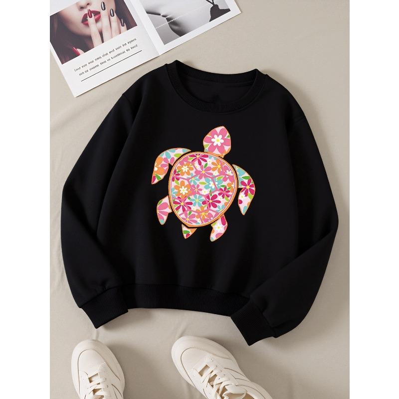 Kids Sweatshirt, Crew Neck Fashion Top, Fun "Floral Turtle Pattern" Patterned Sweatshirt, Suitable for Everyday Casual Wear