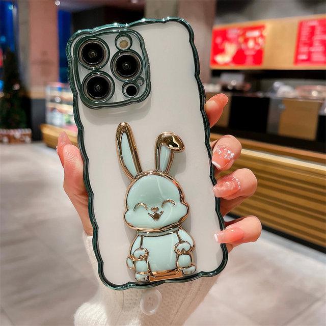 3d Cute Rabbit Stand Holder Phone Case For Iphone 14pro 13 12 11 14 Pro Max 14 Plus 14 Clear Shockproof Curly Wave Plating Cover