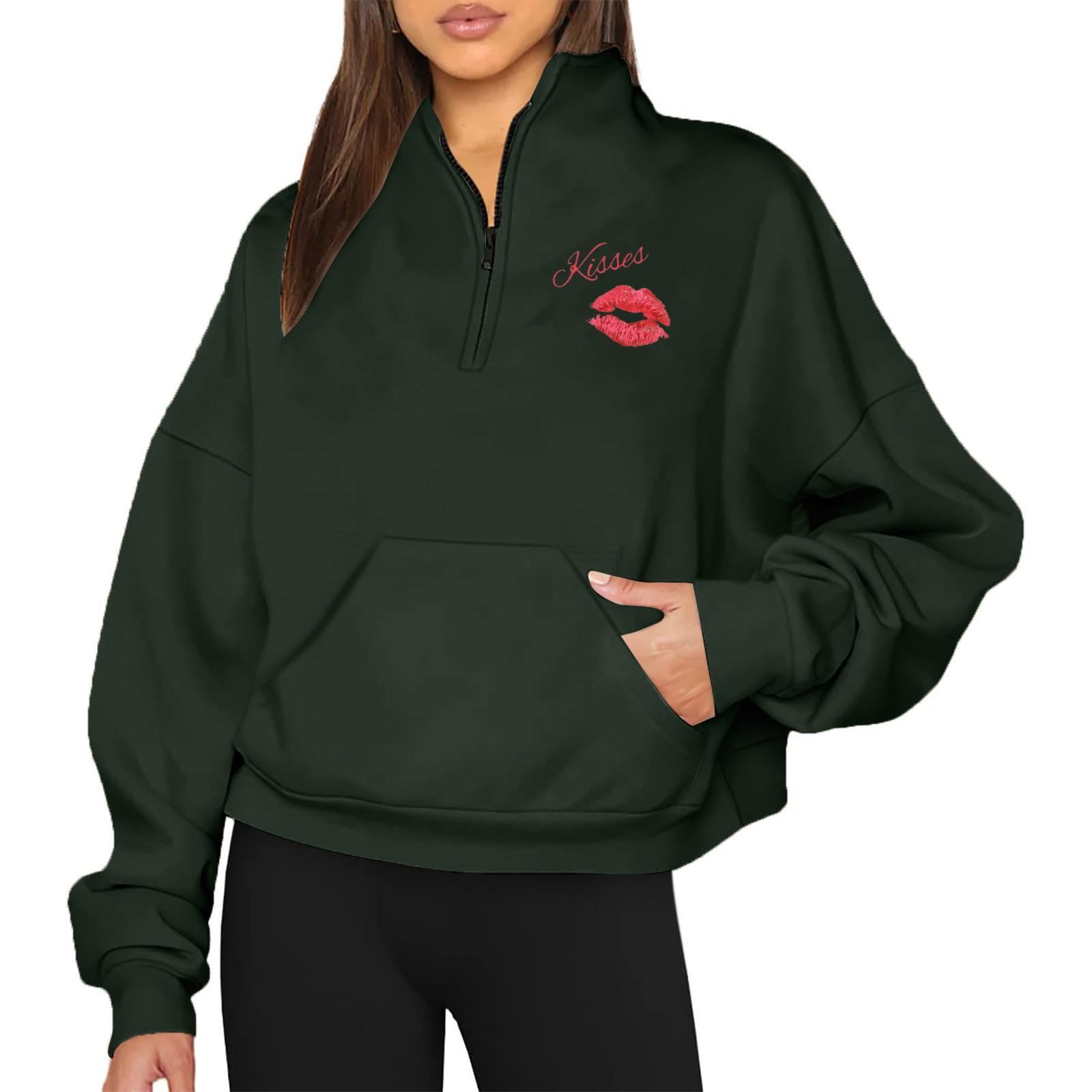 KISSES Женская повседневная свободная толстовка с длинным рукавом и принтом ко Дню святого Валентина на молнии с капюшоном L армия зеленый 1744₽