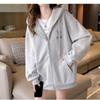 Women's Fleece Lined Zip Up Hoodie Cartoon Embroidery Casual Oversized Jacket