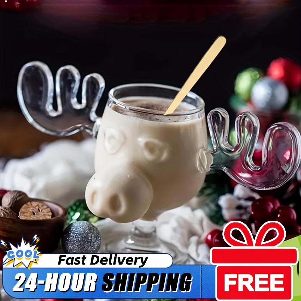 1-3PCS Christmas Elk Glass Cup 8Oz Milk Moose Mug Christmas Reindeer Head Beer Water Cup Xmas Holiday Party Drinkware Cup Gifts