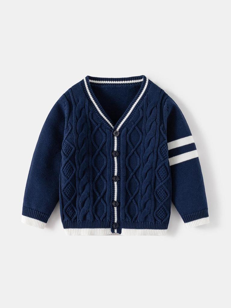 KuaJing Boys' Spring 2025 Thick Cotton Knit Cardigan Sweater, European & American Style, Single Layer, Open Front