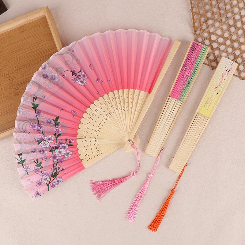 Vintage Printed Silk Folding Hand Fan Tassel Chinese Bamboo Fans Women Dance Performance Props Home Decoration Ornaments
