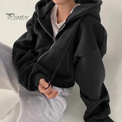 Autumn Spring Women Coat Hooded Drawstring Long Sleeves Pockets Zip-up Elastic Cuff Hem Loose Sport Hoodie Casual Daily Wear Jacket