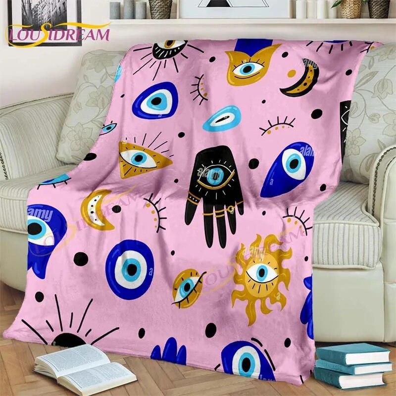 Bule Evil Eye Blanket Hamsa Hand Psychedelic Blanket for Travel Bedding Chair Adult Lightweight Bohemian Style Blanket Tapestry