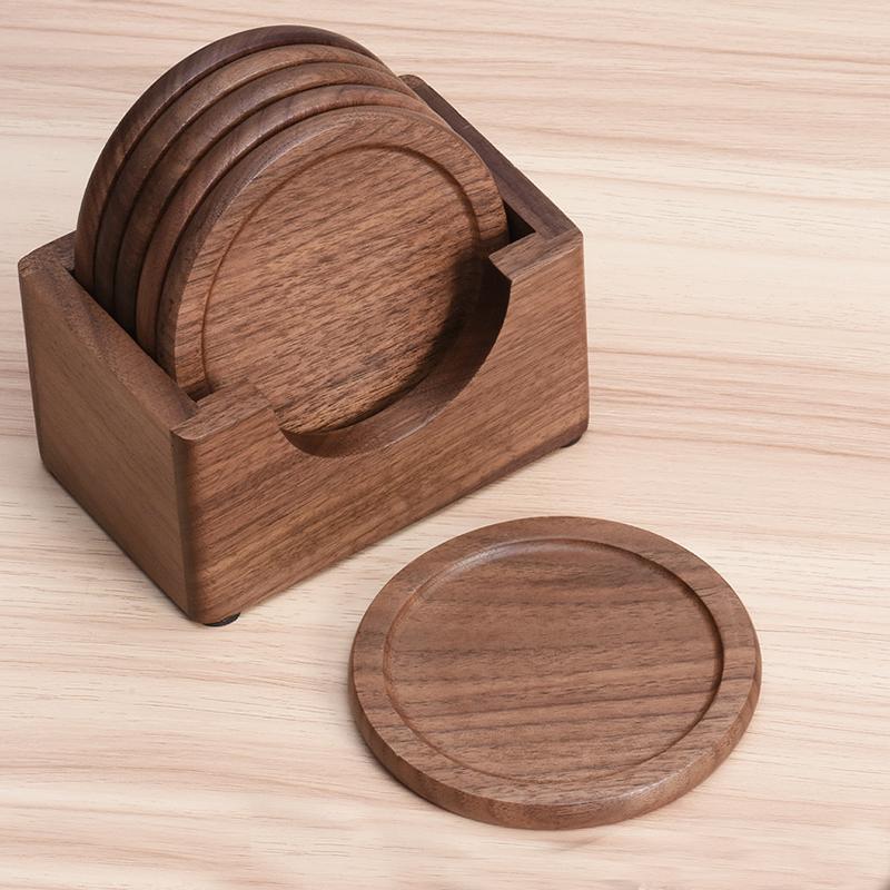 D2 Walnut Dark Coaster Set of 6 Pieces. Including The Holder Pure Natural Wood Texture. Wonderful Decor For Dining Tables Office