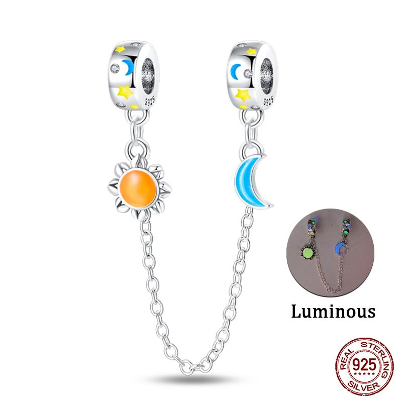 Real 925 Silver Stars & Moon Sunflower Safety Chains Spacer Beads Charms Fit Qikaola 925 Bracelets DIY Jewelry
