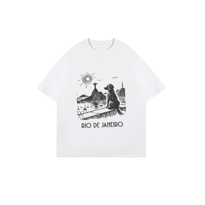 T-shirt Oversize Nera Scena Spiaggia Rio De Janeiro Con Cane E Cristo Redentore Stampa Casual Abbigliamento Estivo